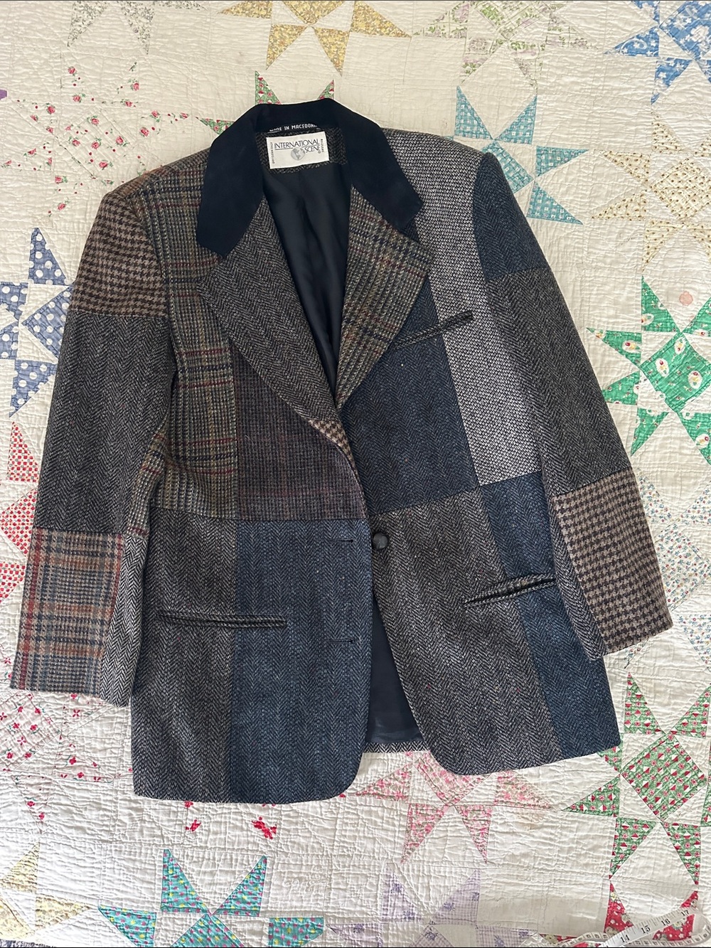 Vintage International Scene Wool Patchwork Herringbone Blazer Women’s 10